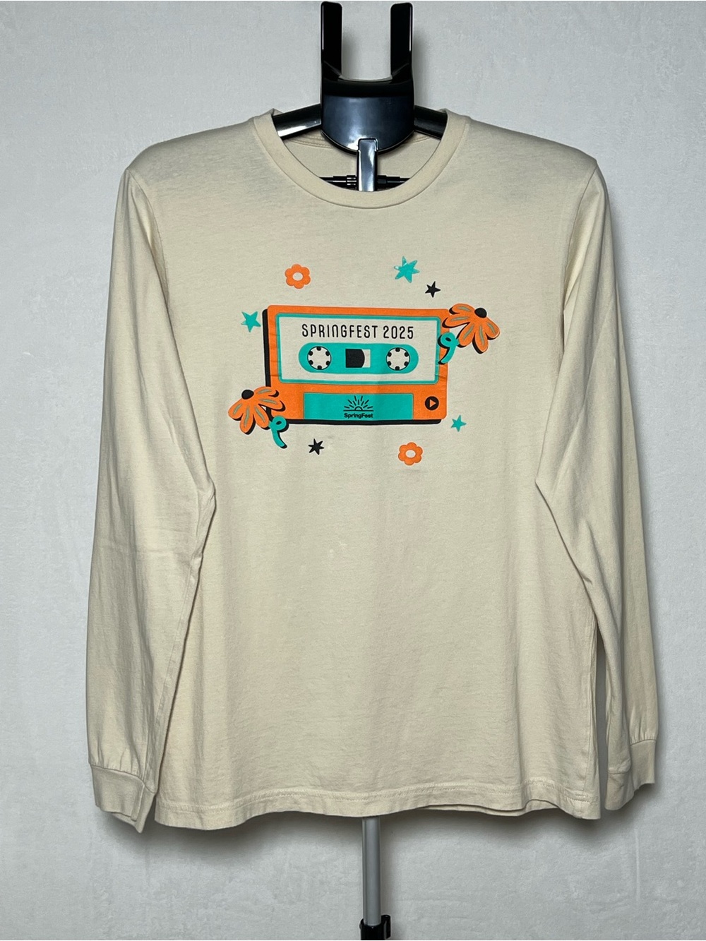 Springfest 2025 Graphic Long Sleeve Tee - Cream w/ Orange & Teal Cassette - sz L
